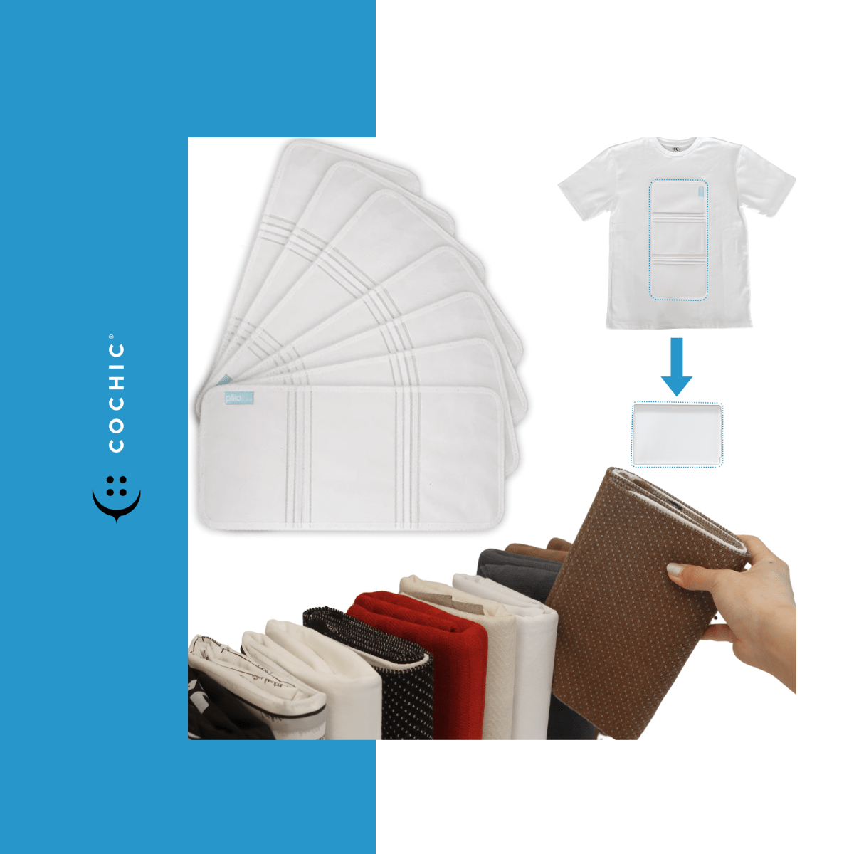 A display of PLIIO folding filers in different sizes and a step-by-step visual showing how the filers fold garments uniformly. The image highlights the organized, space-saving result with neatly folded clothing.