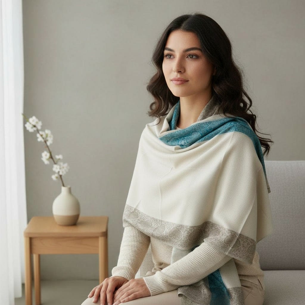 Woman wearing a white and gray shawl sitting in a room with a vase and flowers on a table.