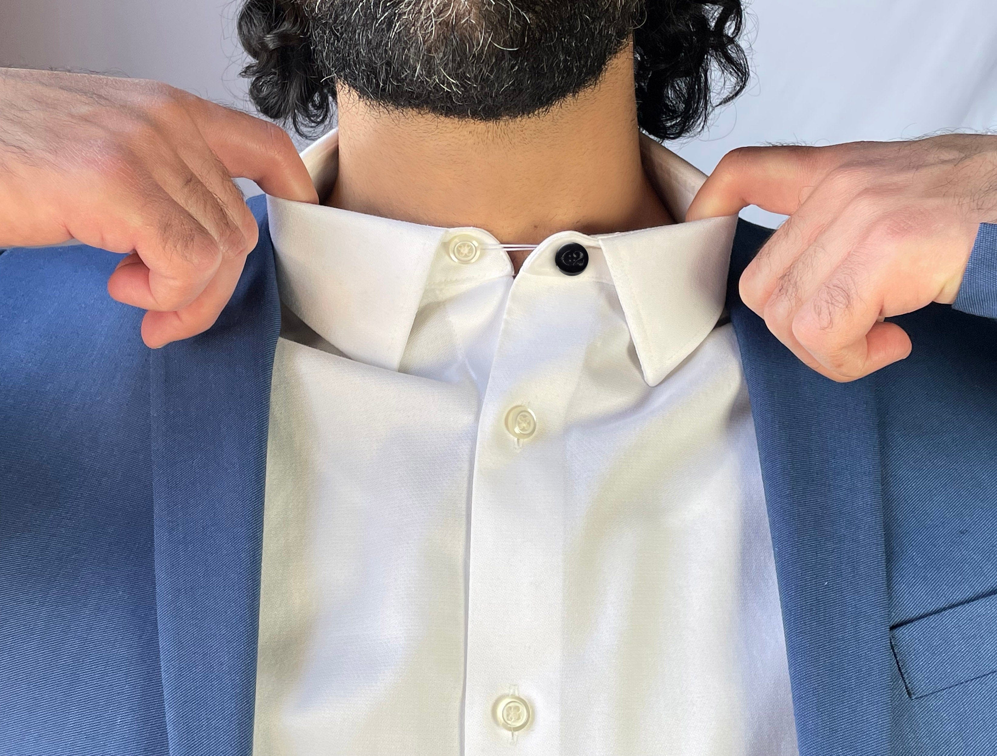 Front view of model wearing C2 black shirt collar extender