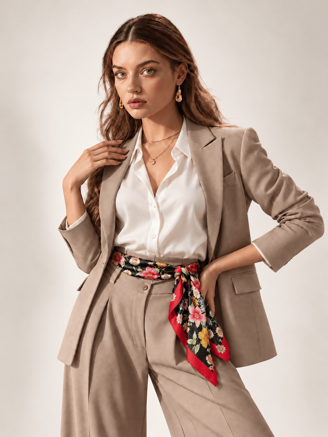 Les Jardins Fiorito black silk foulard worn by a model - Cochic