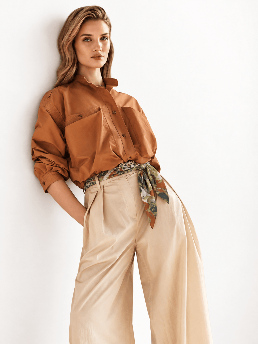 Marie Curie wool silk foulard worn by a model - Cochic