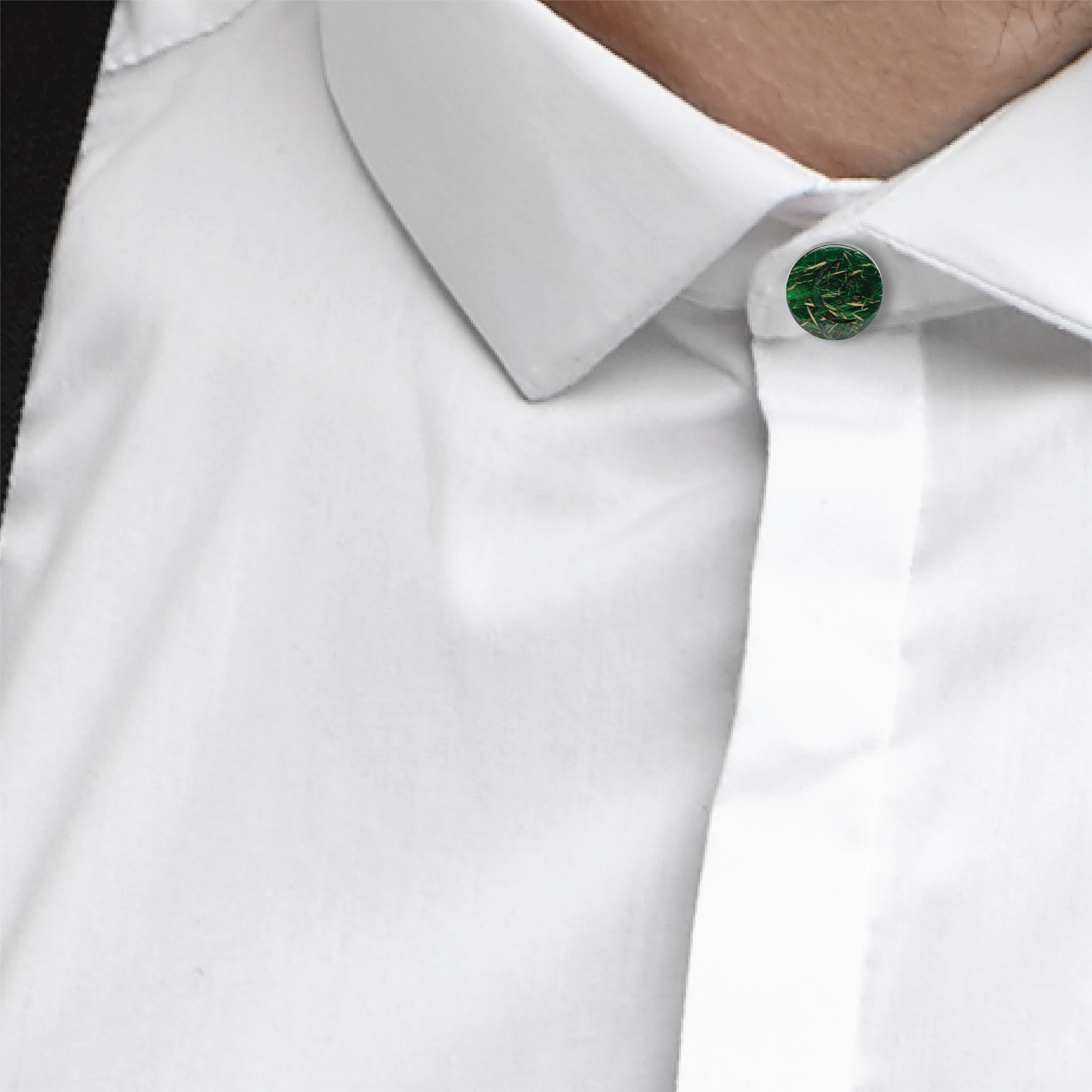 Front picture of a man wearing a 3 piecee upcycled Green Coconut Shirt Collar Extender