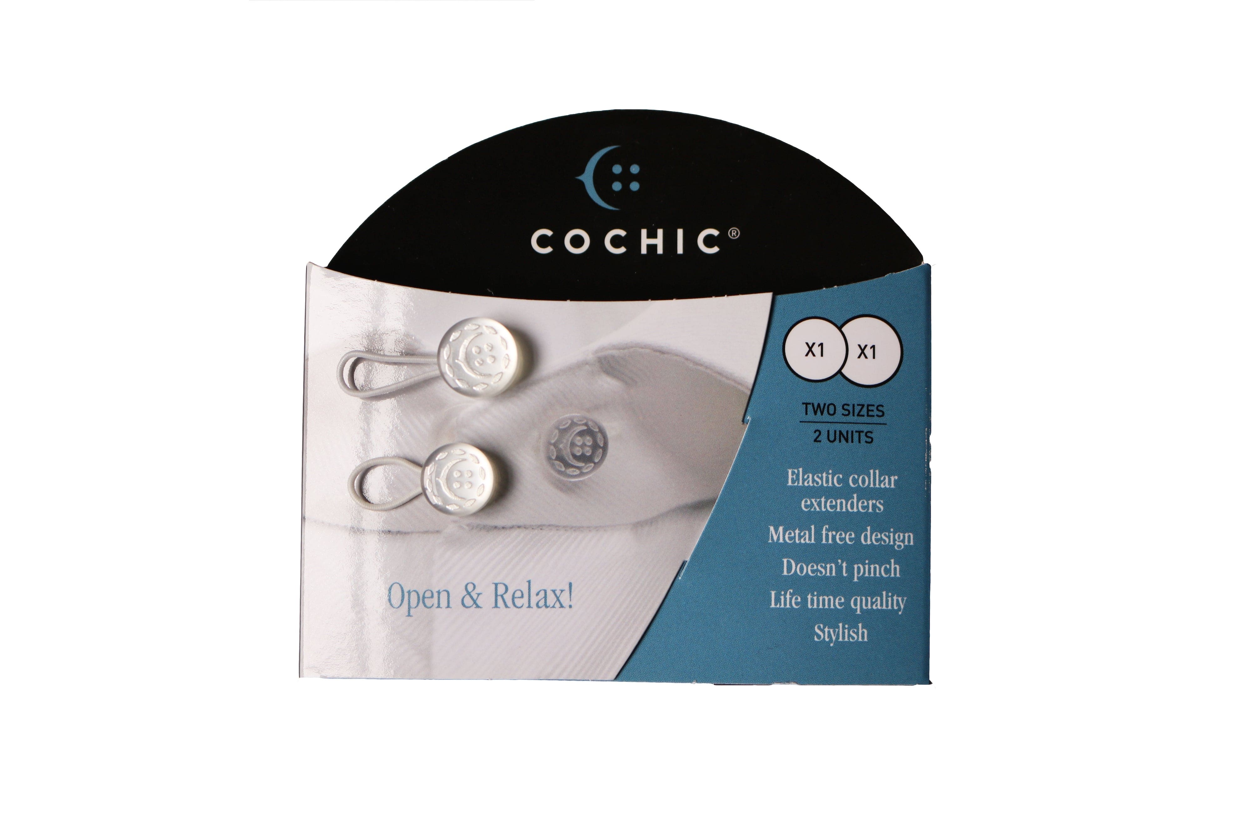 Top view of the shirt collar extender packaging of 2 sizes 16 L and 18 L