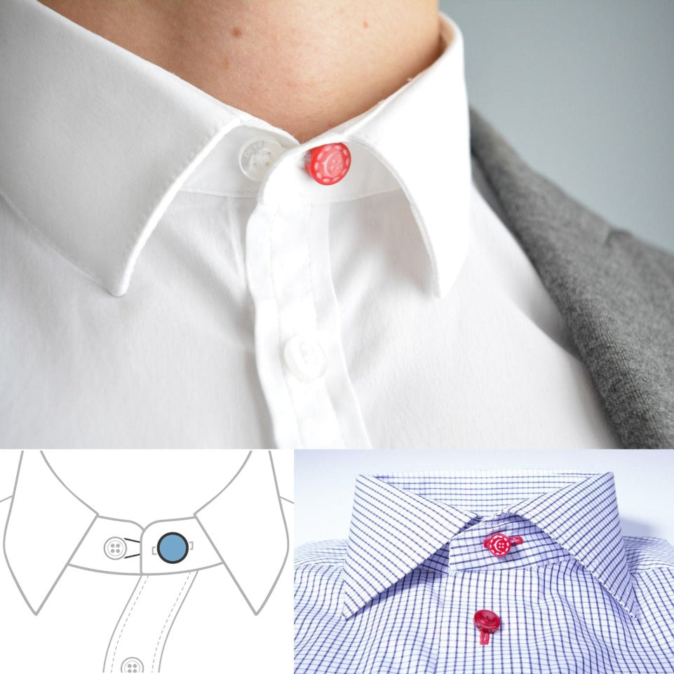 front view picture of man wearing a red shirt collar extender with infographic 