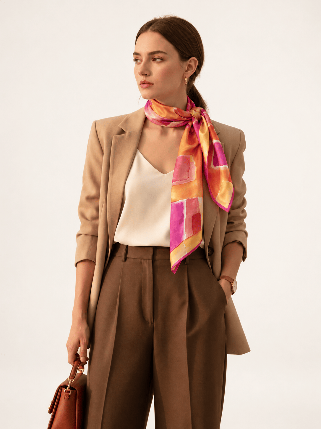 Cotnoir Summer Sunset silk foulard worn by a model - Cochic