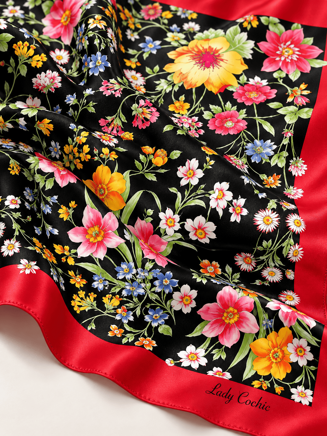 Les Jardins Fiorito black silk foulard close-up detail - Cochic