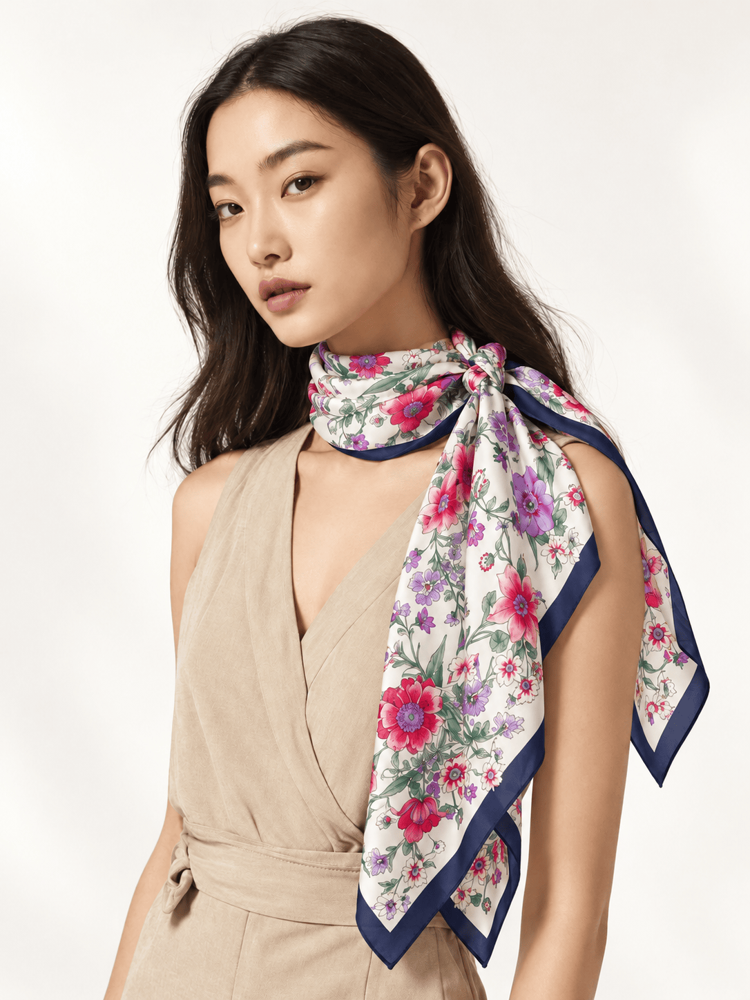 Les Jardins Fiorito white silk foulard worn by a model - Cochic