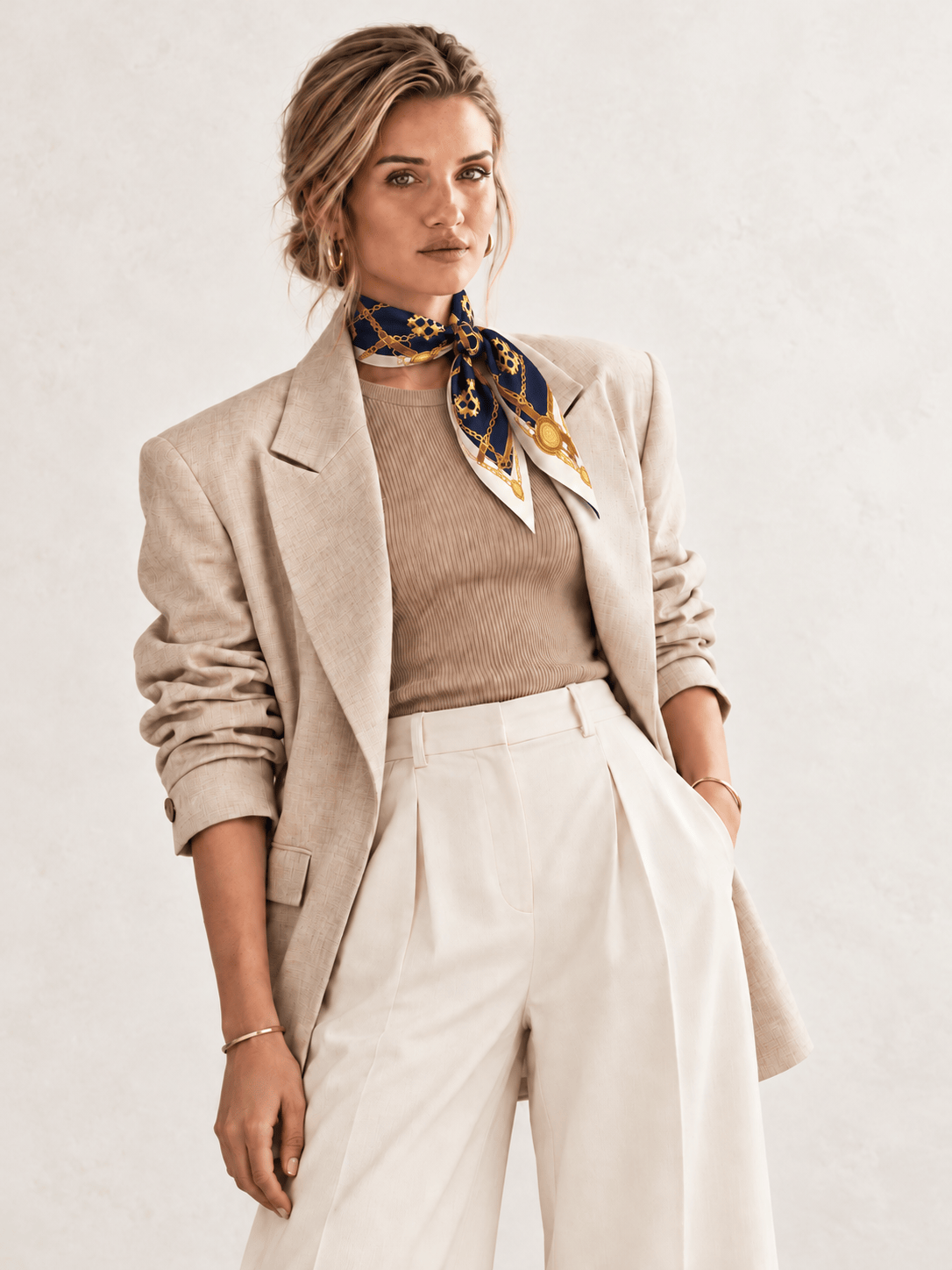 Les Medaillons silk foulard worn by a model - Cochic