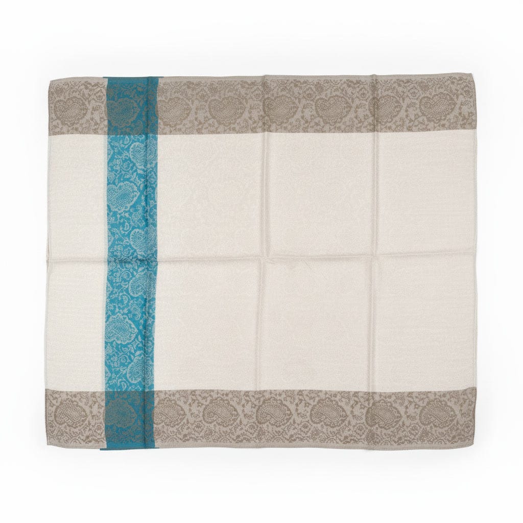 Quilt with blue and gray pattern on a white background