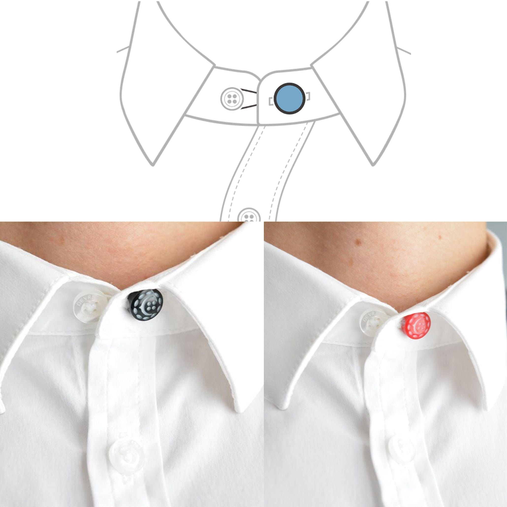 infographic and front view of how to wear and black and red shirt collar extender